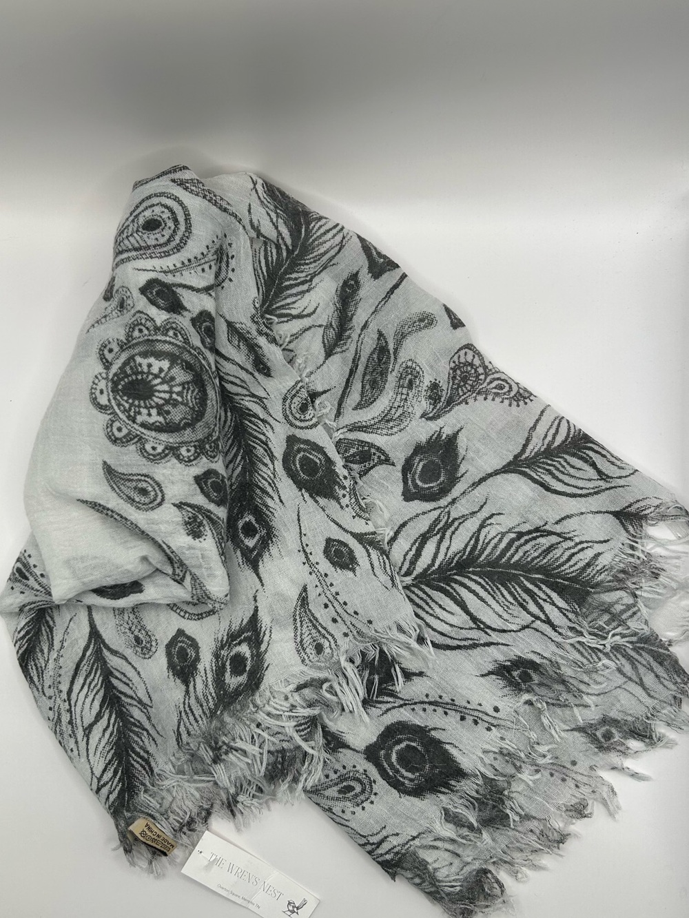 Boutique Peacock Black & White Feather Print Scarf